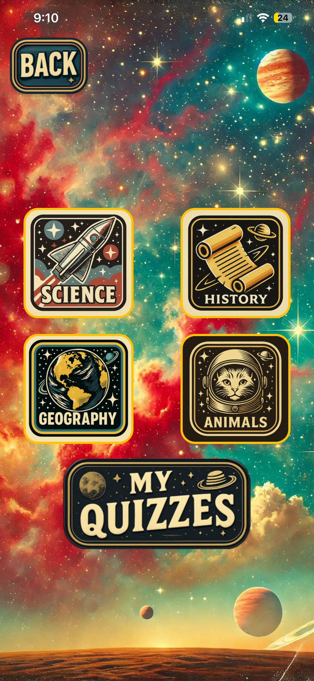 Quiziverse category screen with Science, History, Geography, Animals, and My Quizzes
