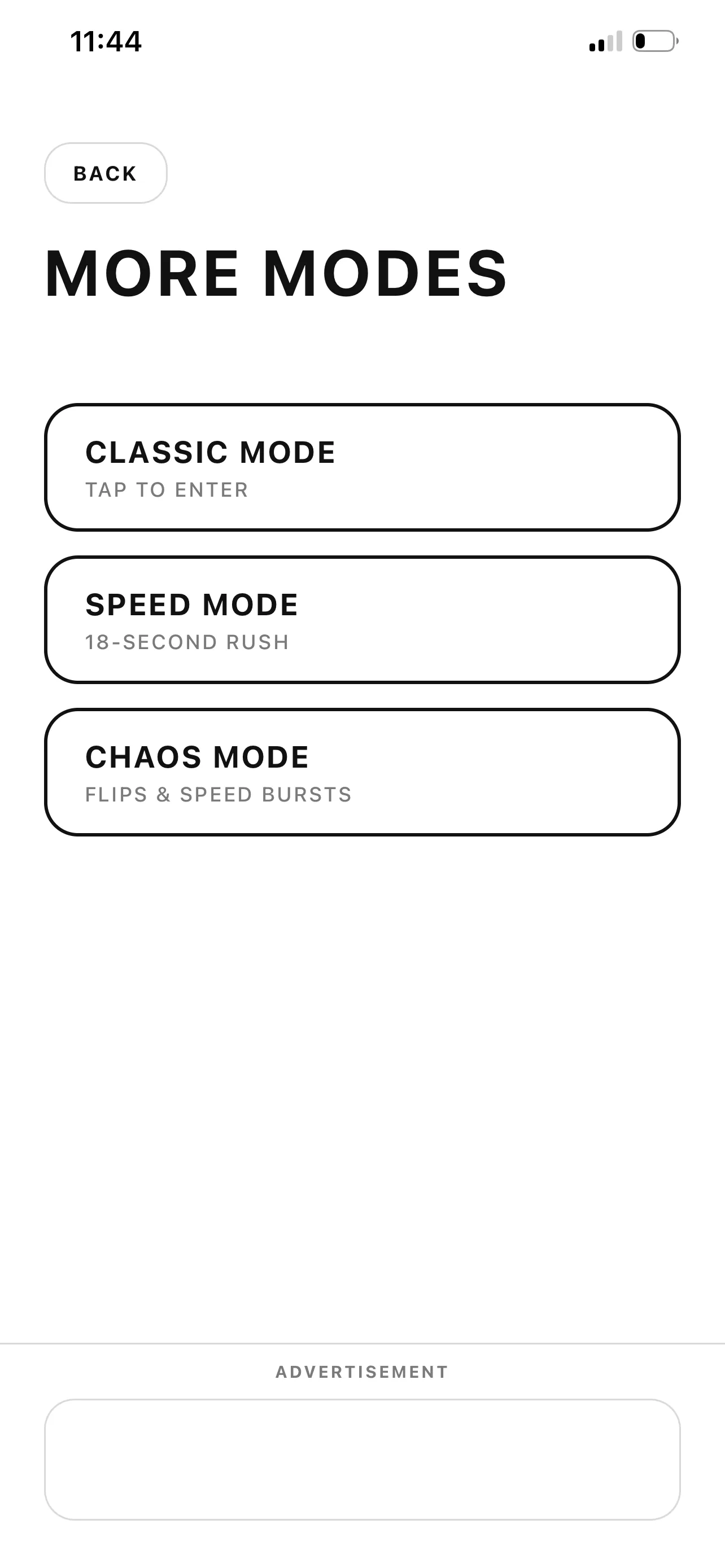 GateShot More Modes screen listing Classic Mode, Speed Mode, and Chaos Mode