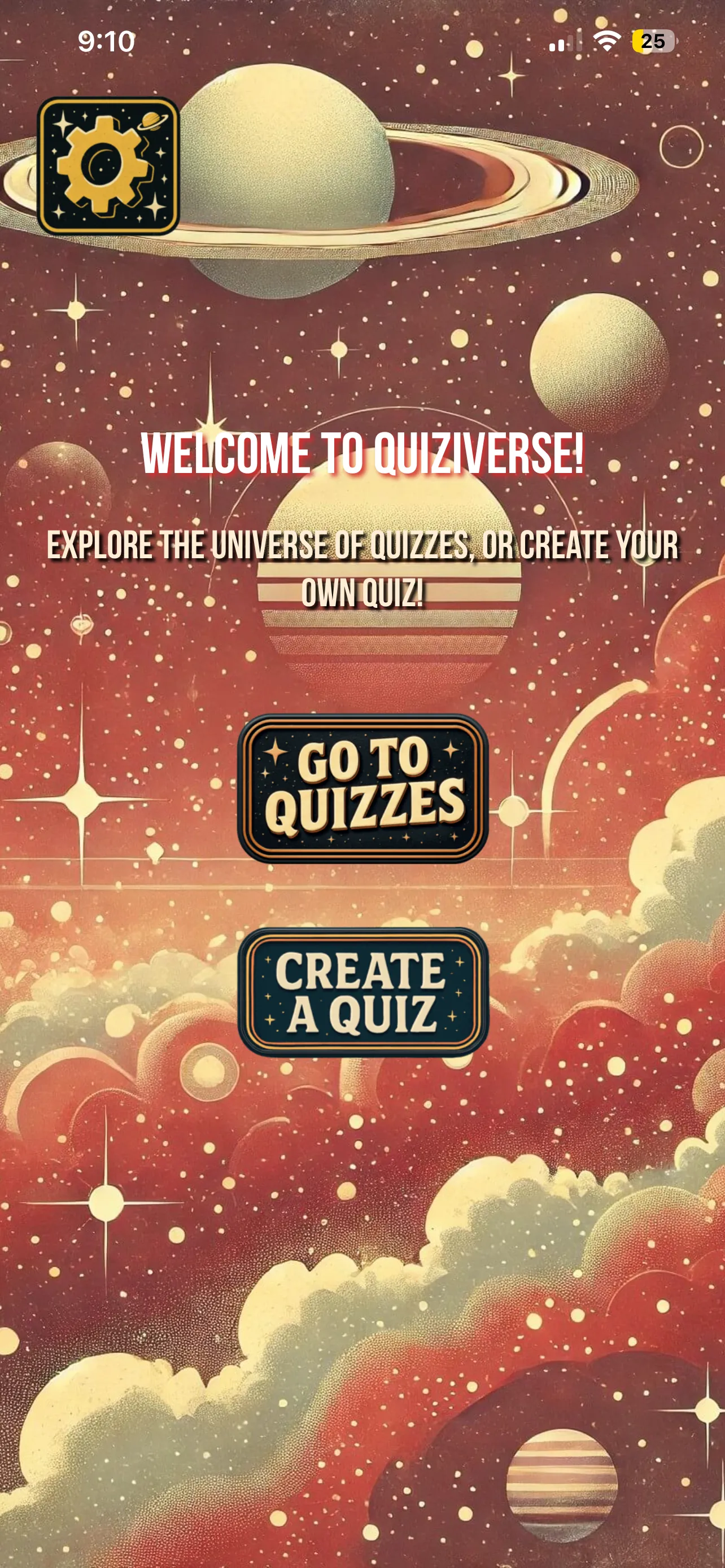 Quiziverse home screen with Go to Quizzes and Create a Quiz controls