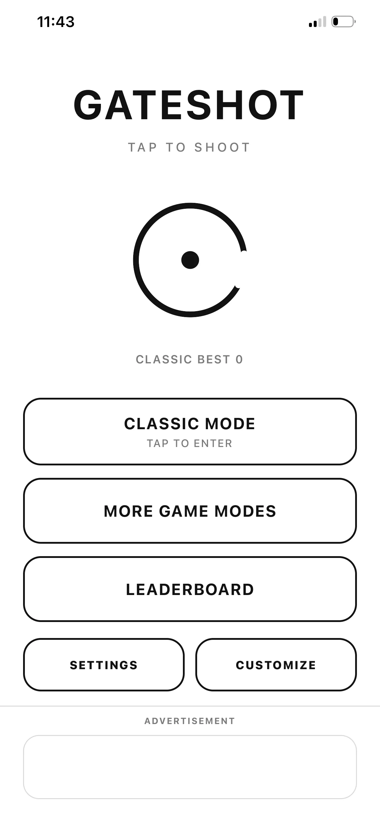 GateShot home screen with Classic Mode, More Game Modes, Leaderboard, Settings, and Customize controls