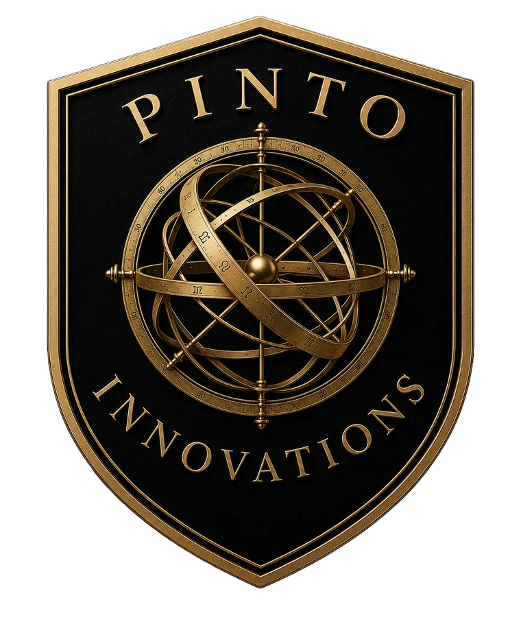 Pinto Innovations gold-and-black crest featuring an armillary sphere